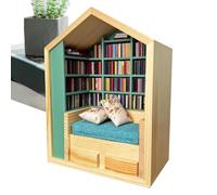 Petite étagère : étagère en bois avec 200 mini livres, deux coussins, design compact, rangement sur la table | Pour chambre d'enfant, chambre, bureau, voyage ou décoration