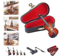 Petite figurine de violon jouable - Violon miniature, modèle d'instrument en bois avec support, archet et étui en cuir noir, mini violon pour maison de poupée, décoration de bureau, cadeau amusant