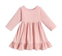 Petite fille printemps et automne robe unie à manches longues col rond jupe trapèze
