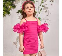 Petite fille Robe à épaules dénudées à volants exagérés à ruché 6Y,7Y,4Y,5YUnicoloreTissu en tulle