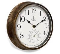 Petite horloge d'extérieur étanche avec thermomètre, 24 cm, bronze | Horloge murale résistante aux intempéries, affichage de la température, facile à lire pour la piscine, le jardin