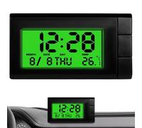 Petite horloge numérique, horloge de voiture, écran LCD minuscule numérique avec calendrier et thermomètre, avec rétro-éclairage vert, adhésif double côté pour le tableau de bord, petit