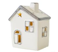 Petite maison décorative de Noël en céramique blanche avec lumières lumineuses, maison de neige festive pour intérieur ou extérieur, jardin, décoration de vacances (E)