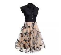 Petite robe de cocktail élégante à manches volantées avec ourlet en maille brodée de papillon 3D et col de chemise boutonné, robe trapèze pour invitées de mariage, Noir , M