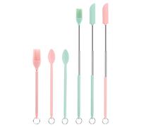 Petite Spatules en Silicone et Cuillère, 2 Mini Spatules 2 Cuillères Télescopiques 2 Brosses à Huile Rétractable Silicone Spatule Kit pour Cuisine Bouteille Étroite Cosmétiques (Rose, Vert)