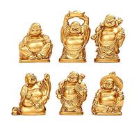 Petite Statue de Bouddha - 6 pièces en résine dorée - Ensemble de Bouddha riant Feng Shui Maitreya - Figurines de Bouddha Porte-Bonheur Heureux - Mini Ornements - Décoration de la Maison