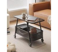 Petite table basse avec roulettes - Table d'appoint en verre trempé pour canapé, table de collation avec panier de rangement inférieur, organiseur multifonction pour petits espaces (noir, 70 x 40 x 55