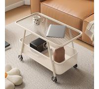 Petite table basse avec roulettes - Table d'appoint en verre trempé pour canapé, table de collation avec panier de rangement inférieur, organiseur multifonction pour petits espaces (blanc, 70 x 40 x
