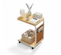 Petite table basse en C avec roulettes, table d’appoint mobile pour salon ou chambre, table de lit pratique avec double étagère, idéale comme table roulante pour lit ou bou(Color:Couleur bois naturel)