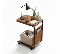Petite table basse en C avec roulettes, table d’appoint mobile pour salon ou chambre, table de lit pratique avec double étagère, idéale comme table roulante pour lit ou bout de ca(Color:Couleur noyer)