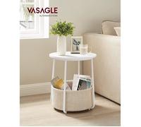 Petite Table Basse Ronde, avec Panier en Tissu, pour Salon, Chambre, Style Moderne, Blanc Mat et Marron Camel