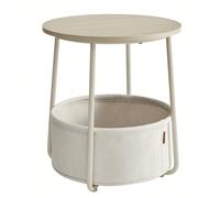 Petite Table Basse Ronde, Avec Panier En Tissu, Rangement, Pour Salon, Chambre, Table De Chevet, Style Moderne, Beige Naturel Et Blanc Crème