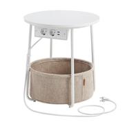 Petite Table Basse Ronde, Table d’Appoint avec Panier en Tissu et Multiprise, pour Salon, Chambre, Blanc Mat et Marron Camel