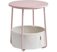 Petite Table Basse Ronde, Table d’Appoint avec Panier en Tissu, pour Salon, Chambre, Style Moderne, Rose Pastel et Blanc Crème