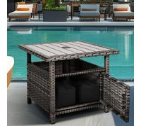 Petite table d'appoint d'extérieur pour terrasse avec trou pour parasol - En osier gris avec 2 sacs de lest, table basse avec dessus en bois de polyéthylène pour piscine, jardin, balcon, terrasse