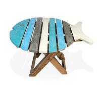 Petite Table d'appoint Pliante en Bois en Forme de Poisson avec Finition vieillie | Couleurs Bois Bleu et Blanchi à la Chaux | Apporte Une Sensation Simple de Bord de mer à n'importe Quelle pièce ou