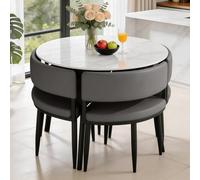 Petite table de salle à manger carrée avec 4 chaises en cuir synthétique, 5 pièces en pierre frittée, table de petit déjeuner pour petits espaces, plateau en marbre blanc