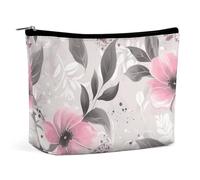 Petite Trousse de Maquillage élégante et spacieuse, ornée Fleurs Feuilles Roses sur Fond Gris. Pochette Zipp ée