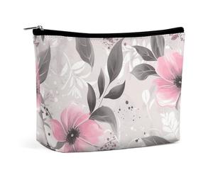 Petite Trousse de Maquillage élégante et spacieuse, ornée Fleurs Feuilles Roses sur Fond Gris. Pochette Zipp ée
