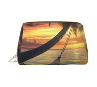 Petite trousse de maquillage portable en cuir avec fermeture éclair - Motif coco, plage, coucher de soleil - Pour femme, blanc, Taille unique, Trousse de maquillage