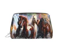 Petite trousse de maquillage portable en cuir avec imprimé chevaux en cours d'exécution pour femme, fermeture éclair dorée, Argenté., One Size, Trousse de maquillage