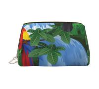 Petite trousse de maquillage portable en cuir avec motif ara et toucan perchoir des forêts tropicales américaines, fermeture éclair dorée, doré, One Size, Trousse de maquillage