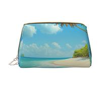 Petite trousse de maquillage portable en cuir avec motif île avec plage de sable et palmier, trousse de maquillage de voyage à fermeture éclair pour femme, blanc, Taille unique, Trousse de maquillage