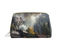 Petite trousse de maquillage portable en cuir avec motif locomotive à vapeur avec fermeture éclair pour femme, blanc, Taille unique, Trousse de maquillage