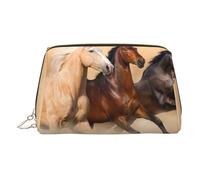 Petite trousse de maquillage portable en cuir avec trois chevaux qui courent à pied, sac de maquillage de voyage pour femme, fermeture éclair dorée, doré, One Size, Trousse de maquillage