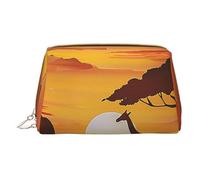 Petite trousse de maquillage portable en cuir imprimé éléphant et girafe dans le coucher du soleil - Trousse de maquillage de voyage à fermeture éclair pour femme, blanc, Taille unique, Trousse de
