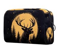 Petite trousse de maquillage vintage avec fermeture éclair et motif de cerf dans la forêt de pins et lune nocturne pour femme, Multicolore 07, 18.5x7.5x13cm/7.3x3x5.1in