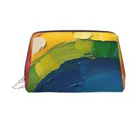 Petite trousse de toilette en cuir de qualité supérieure avec imprimé arc-en-ciel et pochette portable étanche ouverte plate, Argenté., Taille unique