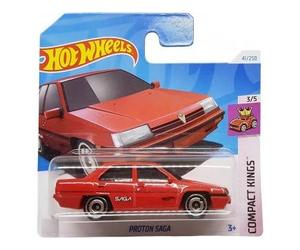 Petite Voiture Proton Saga pour Hot Wheels, Serie Compact Kings 3/5 - vehicule Miniature 1:64, Rouge - Set Automobile + Carte Tigre