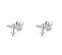 Petites boucles d'oreilles à tige en argent sterling 925 en forme d'avion avec strass en cristal pour tragus, hélix, avec vis à l'arrière, Or blanc, Zircone cubique