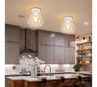 PETITES ECREVISSES 2 Pack E27 Plafonniers Industrielles Métal Cage Noir Vintage Lustre Suspension forme Diamant Plafond Abat-jour Rétro Luminaire d'eclairage (Blanc)