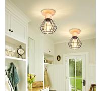 PETITES ECREVISSES 2 Pack Plafonniers E27 Industrielles Lustre Abat-jour Métal et Bois Suspension Vintage Cage forme Diamant Luminaire d'eclairage Pour Sejour Chambre Salon (B-Ø16cm-bois)