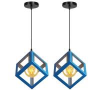 PETITES ECREVISSES Lustre Suspension 3 Lampes Industrielle Luminaire Plafonnier Vintage E27 Plafond Abat-Jour Forme de Cube Métal pour Sejour Chambre Cuisine (Bleu, 2pcs)