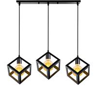 PETITES ECREVISSES Lustre Suspension 3 Lampes Industrielle Luminaire Plafonnier Vintage E27 Plafond Abat-Jour Forme de Cube Métal pour Sejour Chambre Cuisine (Noir, barre de 50cm)