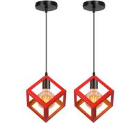 PETITES ECREVISSES Lustre Suspension 3 Lampes Industrielle Luminaire Plafonnier Vintage E27 Plafond Abat-Jour Forme de Cube Métal pour Sejour Chambre Cuisine (Rouge, 2pcs)