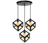 PETITES ECREVISSES Lustre Suspension 3 Lampes Industrielle Luminaire Plafonnier Vintage E27 Plafond Abat-Jour Forme de Cube Métal pour Sejour Chambre Cuisine (Noir, base de 30cm)