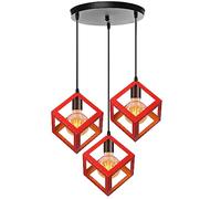 PETITES ECREVISSES Lustre Suspension 3 Lampes Industrielle Luminaire Plafonnier Vintage E27 Plafond Abat-Jour Forme de Cube Métal pour Sejour Chambre Cuisine (Rouge, base de 30cm)