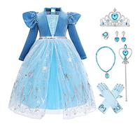 Petites Filles Princesse Costumes Reine des Neiges Manches longues Paillettes Flocon de Neige Velours Tulle Robe Deguisement Carnaval Anniversaire Parti Robes Bleu 3 8-9 Ans