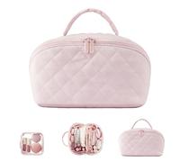 Petition Makeup Bag for Woman, Lay Flat Makeup Bag with Divider and Handle All-in-One Waterproof Large Capacity, 6 Color Open Flat Toiletry Bag for Travels (Pink)