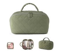 Petition Makeup Bag for Woman, Lay Flat Makeup Bag with Divider and Handle All-in-One Waterproof Large Capacity, 6 Color Open Flat Toiletry Bag for Travels (Green)