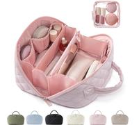 Petition Makeup Bag for Woman, Open Flat Makeup Bag, Wide Open Lay-Flat Water-Resistant Cosmetic Case for Toiletries & Brushes Large Capacity with Compartments (Pink)
