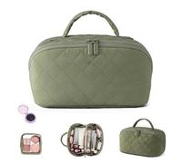 Petition Makeup Bag for Woman, Travel Makeup Bag for Women, Wide Open Lay-Flat Water-Resistant Cosmetic Case with Brush Compartment & Handle (Green)