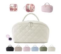 Petition Makeup Bag for Woman, Travel Makeup Bag for Women, Wide Open Lay-Flat Water-Resistant Cosmetic Case with Brush Compartment & Handle (Off-White)