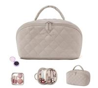 Petition Makeup Bag for Woman, Travel Makeup Bag for Women, Wide Open Lay-Flat Water-Resistant Cosmetic Case with Brush Compartment & Handle (Khaki)