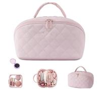 Petition Makeup Bag for Woman, Travel Makeup Bag for Women, Wide Open Lay-Flat Water-Resistant Cosmetic Case with Brush Compartment & Handle (Pink)