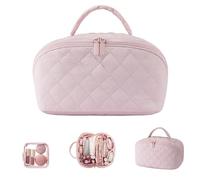 Petition Makeup Bag, Lay Flat Makeup Bag for Women, 180° Open Cosmetic, Large Capacity Pouch Open Flat Small Toiletry Bags with Brush Compartment & Handle (Pink)